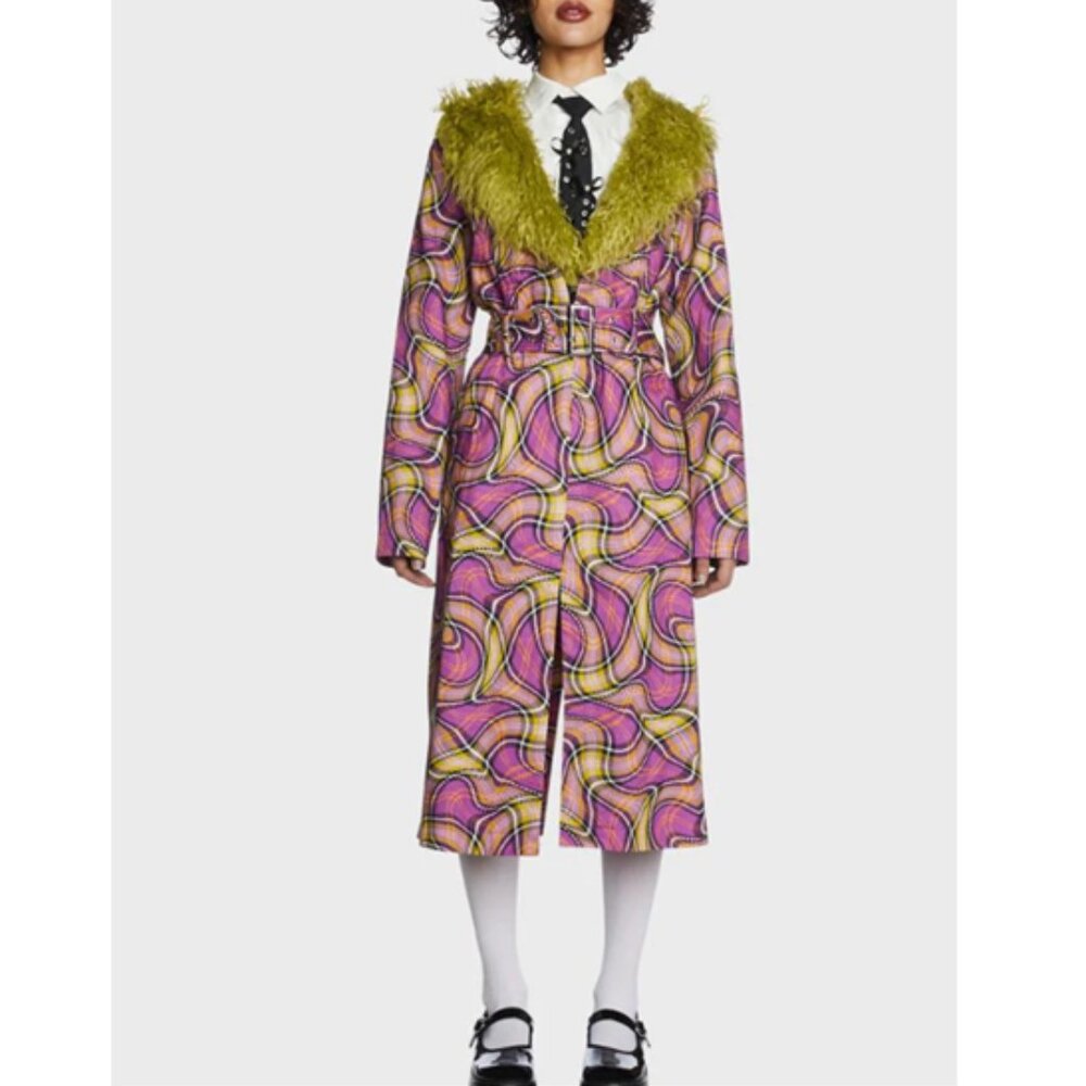 The Ragged Priest Nico Wavy Plaid Belted Faux Fur Collar Trench Coat